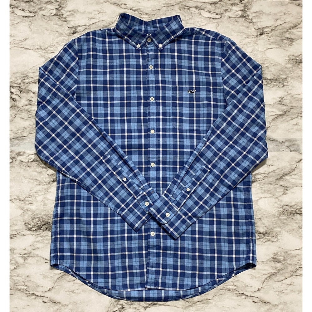 Vineyard Vines Slim Fit Tucker Shirt Mens Size M Blue Plaid Long Sleeve Pocket